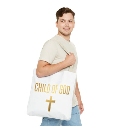 Child of God Tote Bag — Gold Cross Religious Canvas Tote