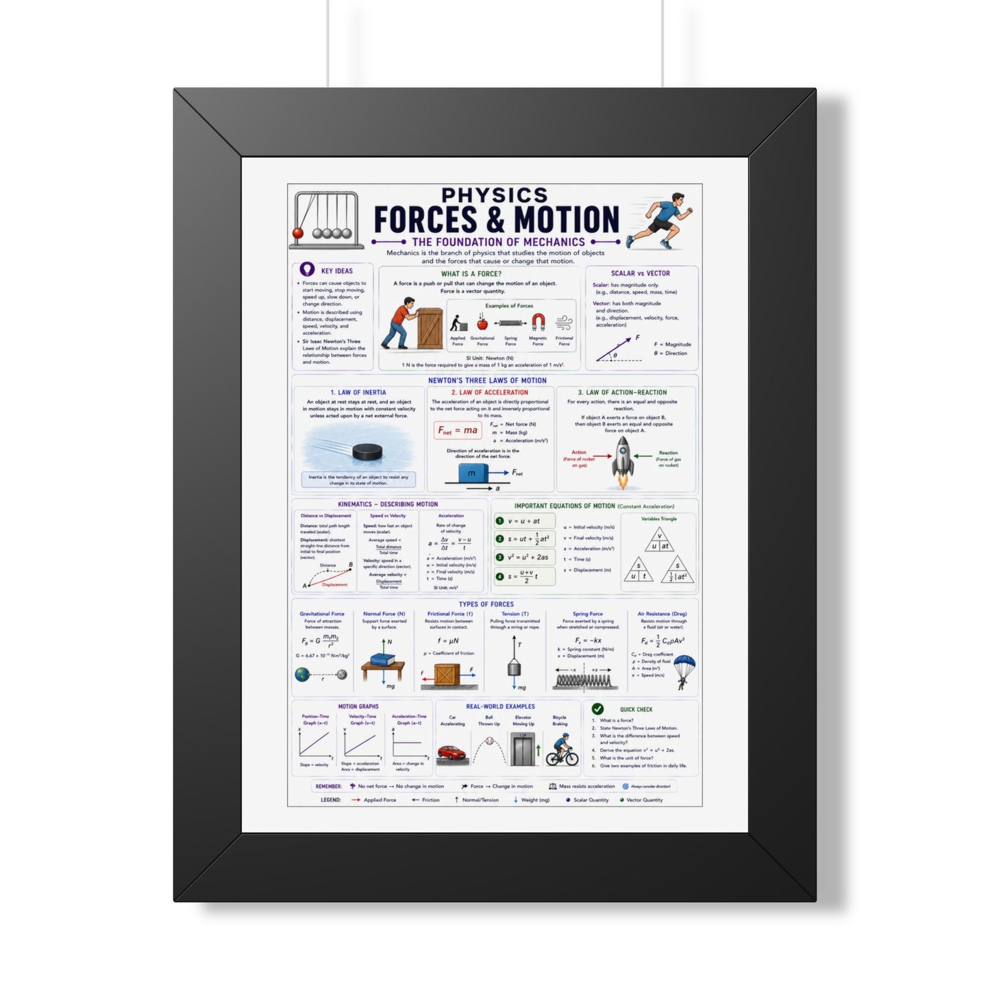 Forces & Motion Physics Poster — Framed Educational Chart