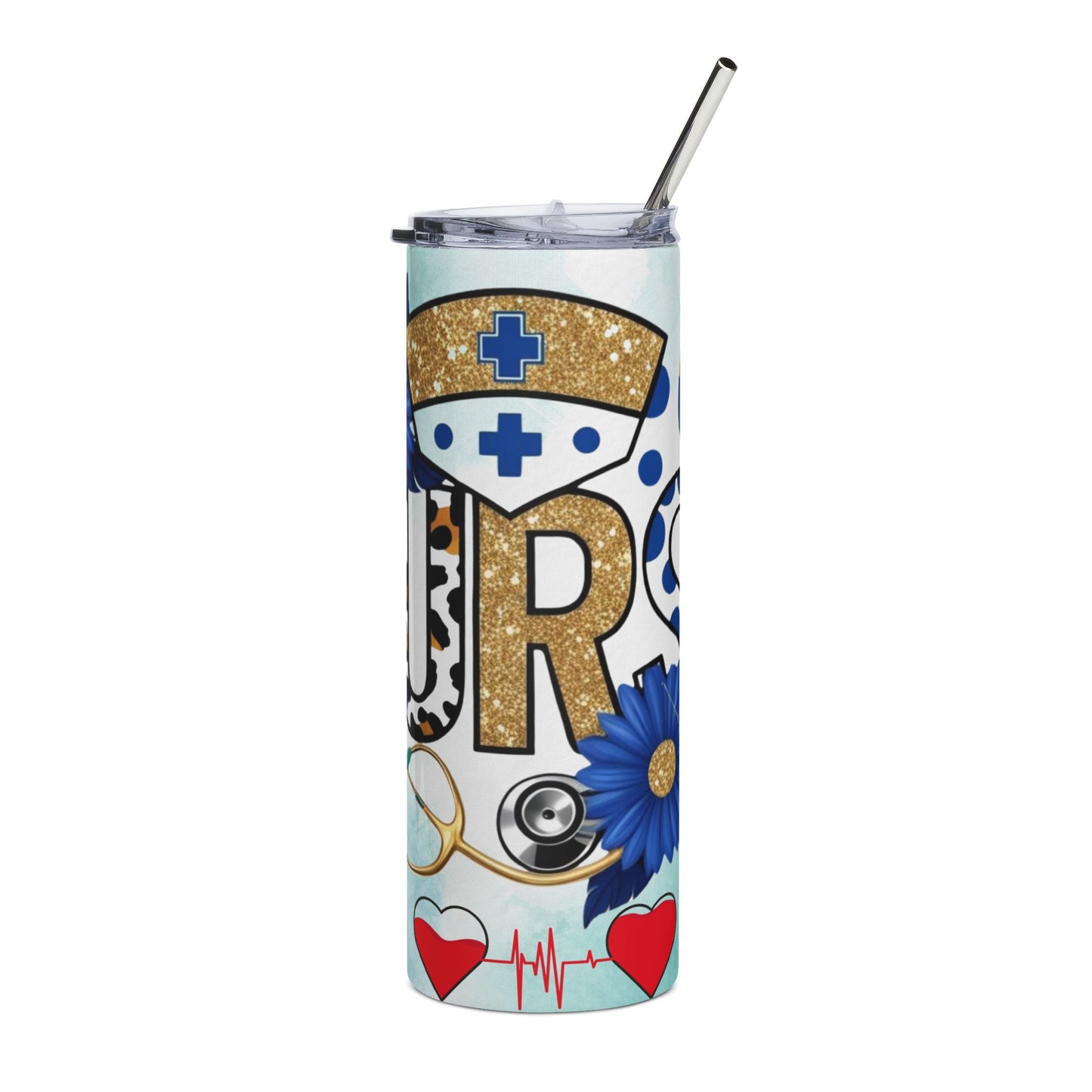 Nurse Stainless Tumbler 20oz — Floral Stethoscope Heartbeat Travel Cup