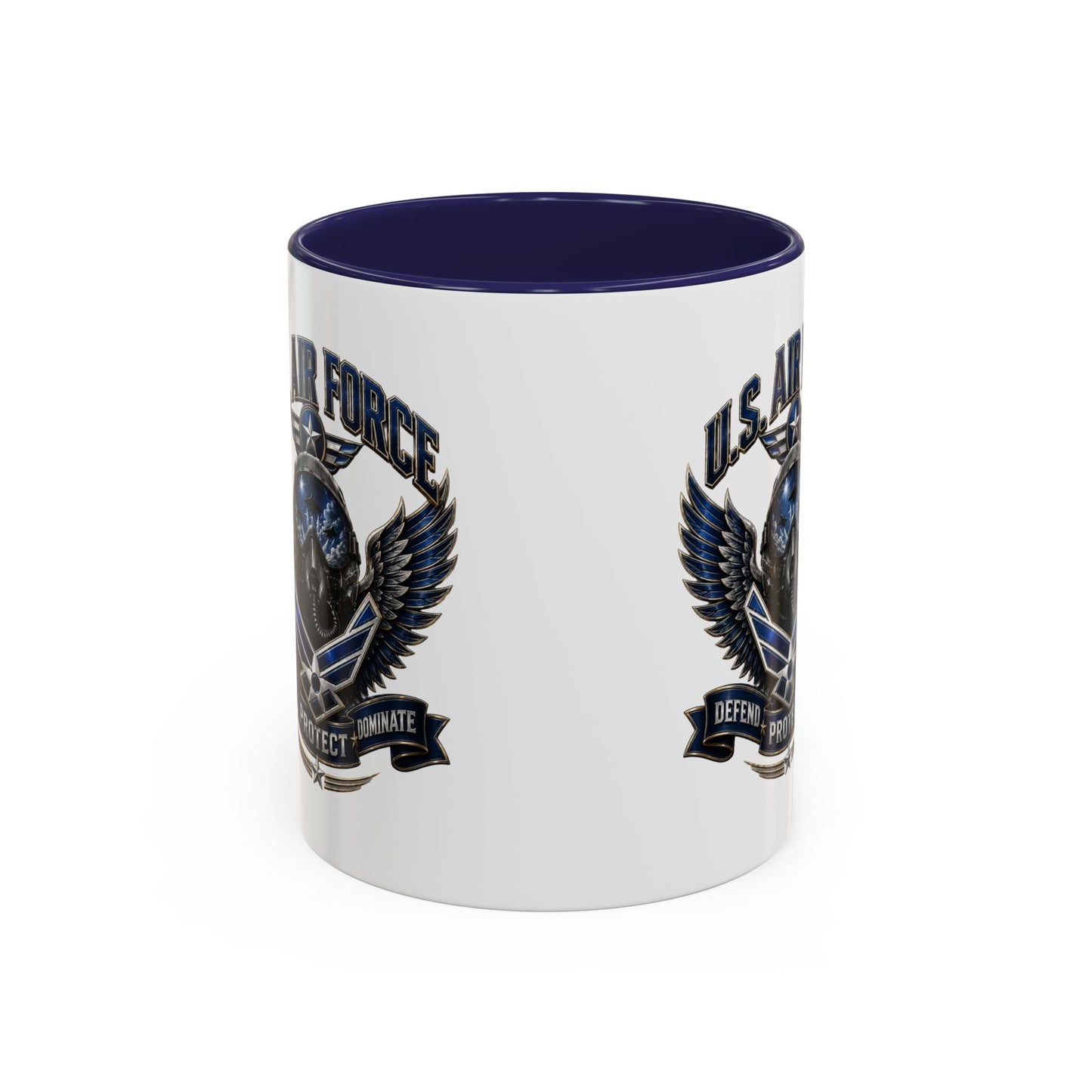 U.S. Air Force Emblem Accent Coffee Mug — Defend Protect Dominate (11/15oz)