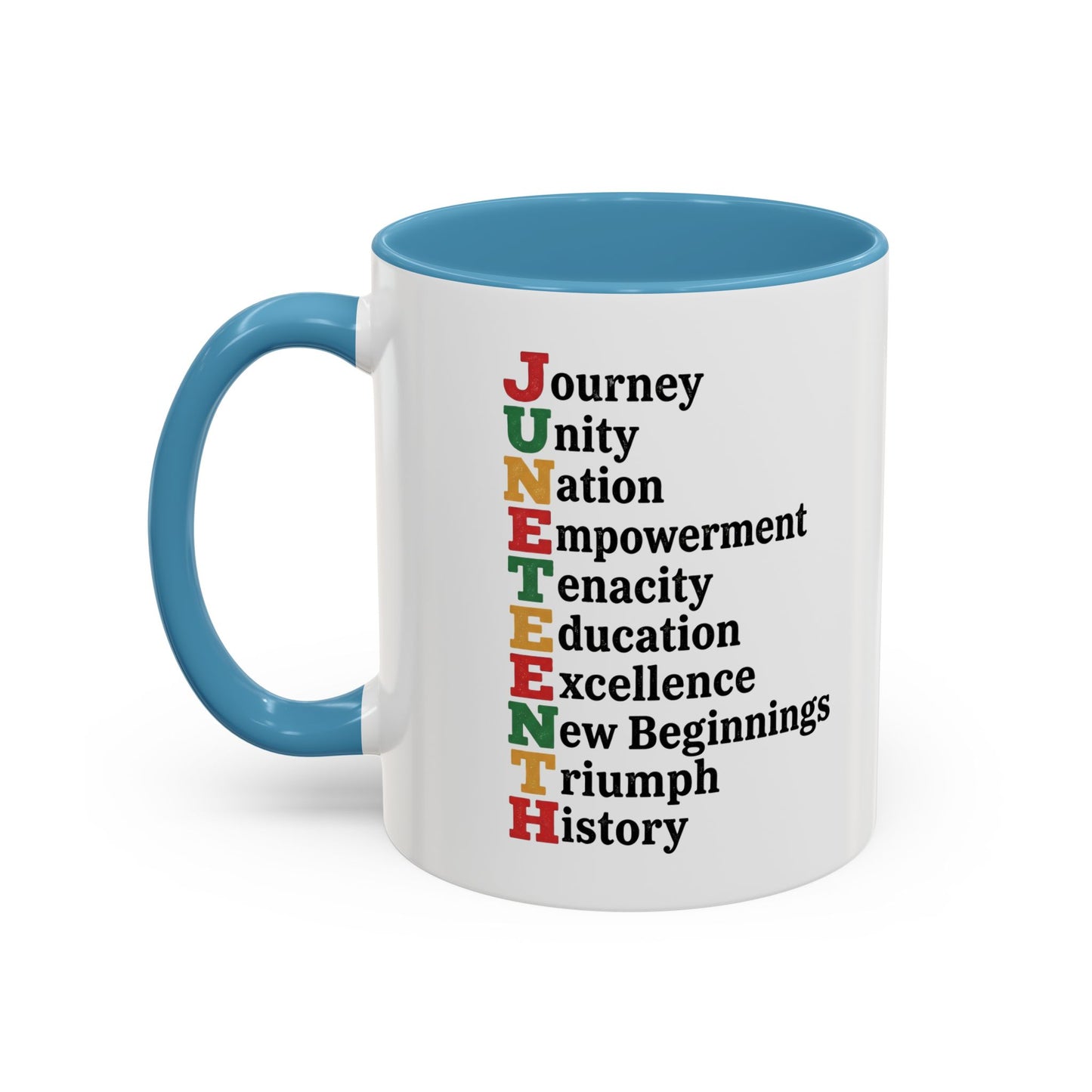 Juneteenth Acronym Accent Coffee Mug – Journey Unity Nation Empowerment (11/15oz)