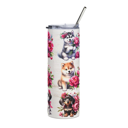 20oz Stainless Tumbler with Floral Puppy Pattern — Insulated Dog Lover Travel Cup