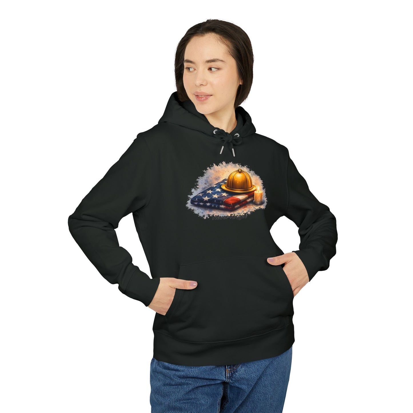 9/11 Never Forget Hoodie — Firefighter Helmet & Flag Tribute