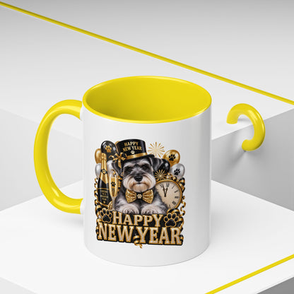 Happy New Year Dog Coffee Mug — Festive Black & Gold 11/15oz Accent Mug