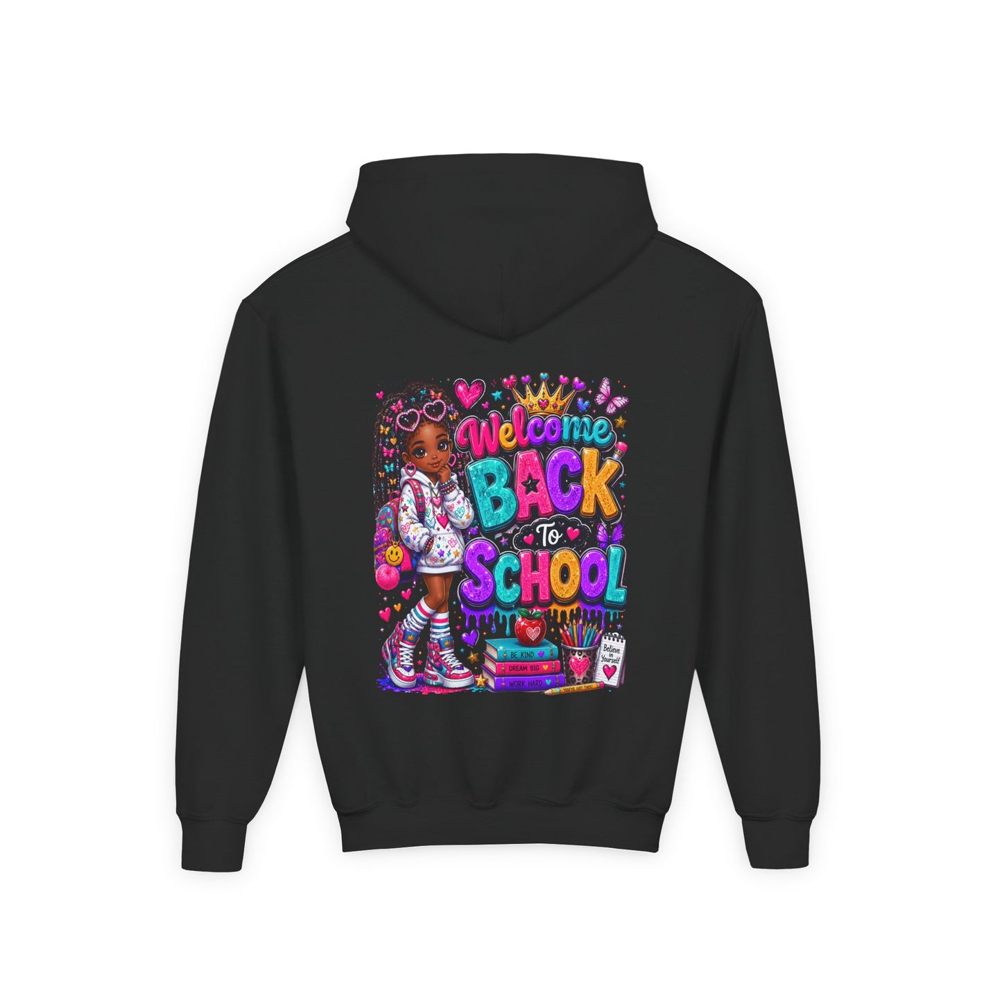 Welcome Back to School Youth Hoodie — Colorful Girl Backpack Design