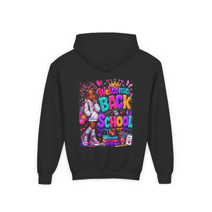 Welcome Back to School Youth Hoodie — Colorful Girl Backpack Design