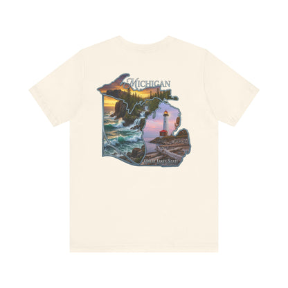 Michigan Scenic Map T-Shirt — Great Lakes Lighthouse Sunset Tee