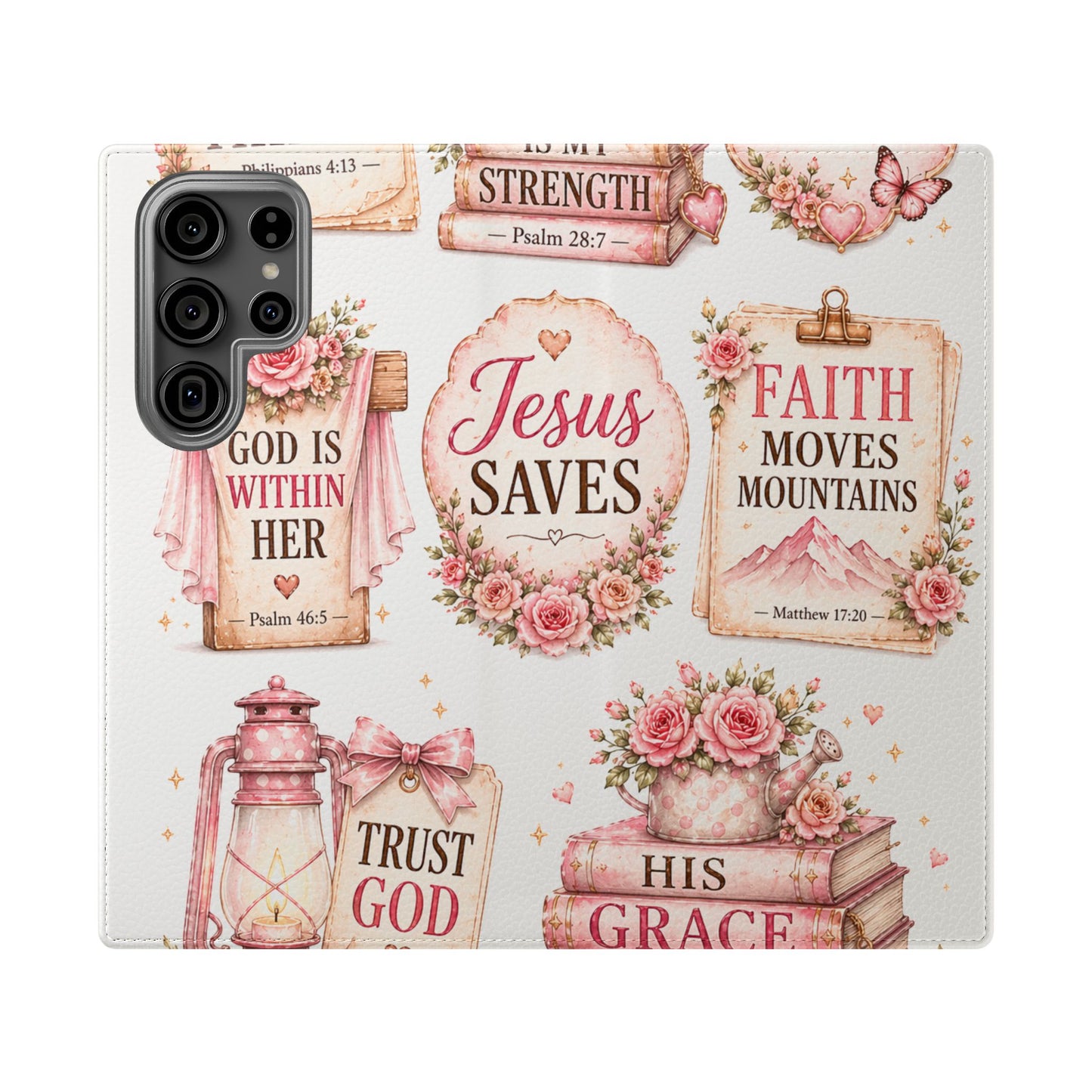 Christian Floral Phone Flip Case — "Jesus Saves" & Inspirational Scripture Wallet Cover