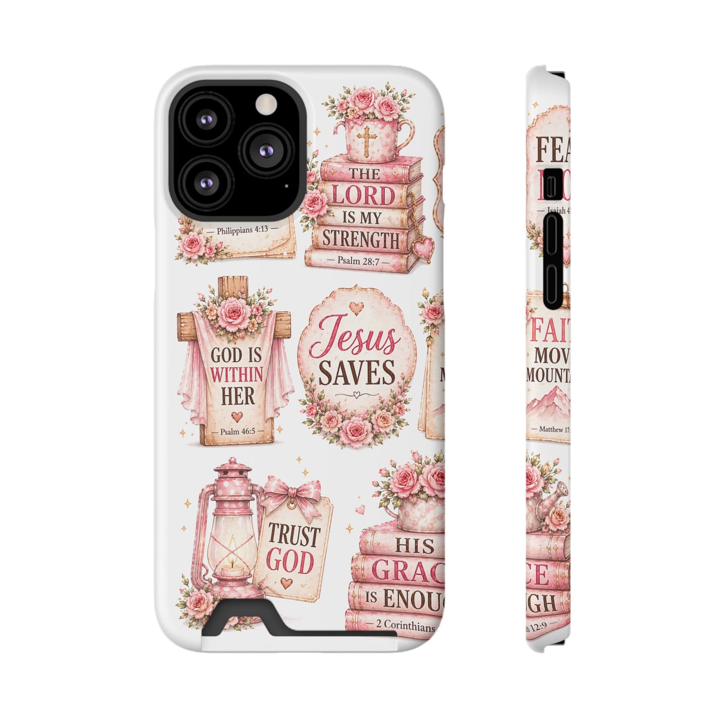Christian Floral Phone Case with Card Holder — 'Jesus Saves' Inspirational Design