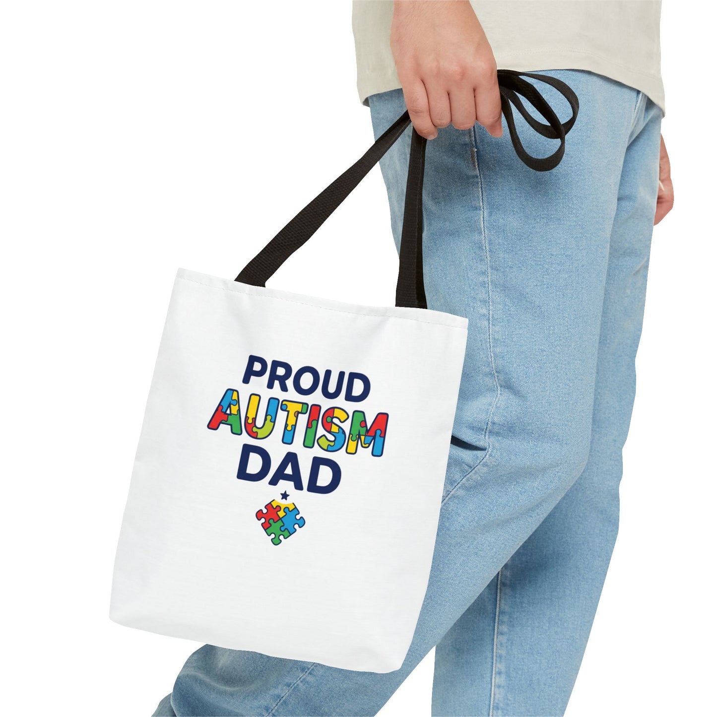 Proud Autism Dad Tote Bag — Colorful Puzzle-Heart Support Gift