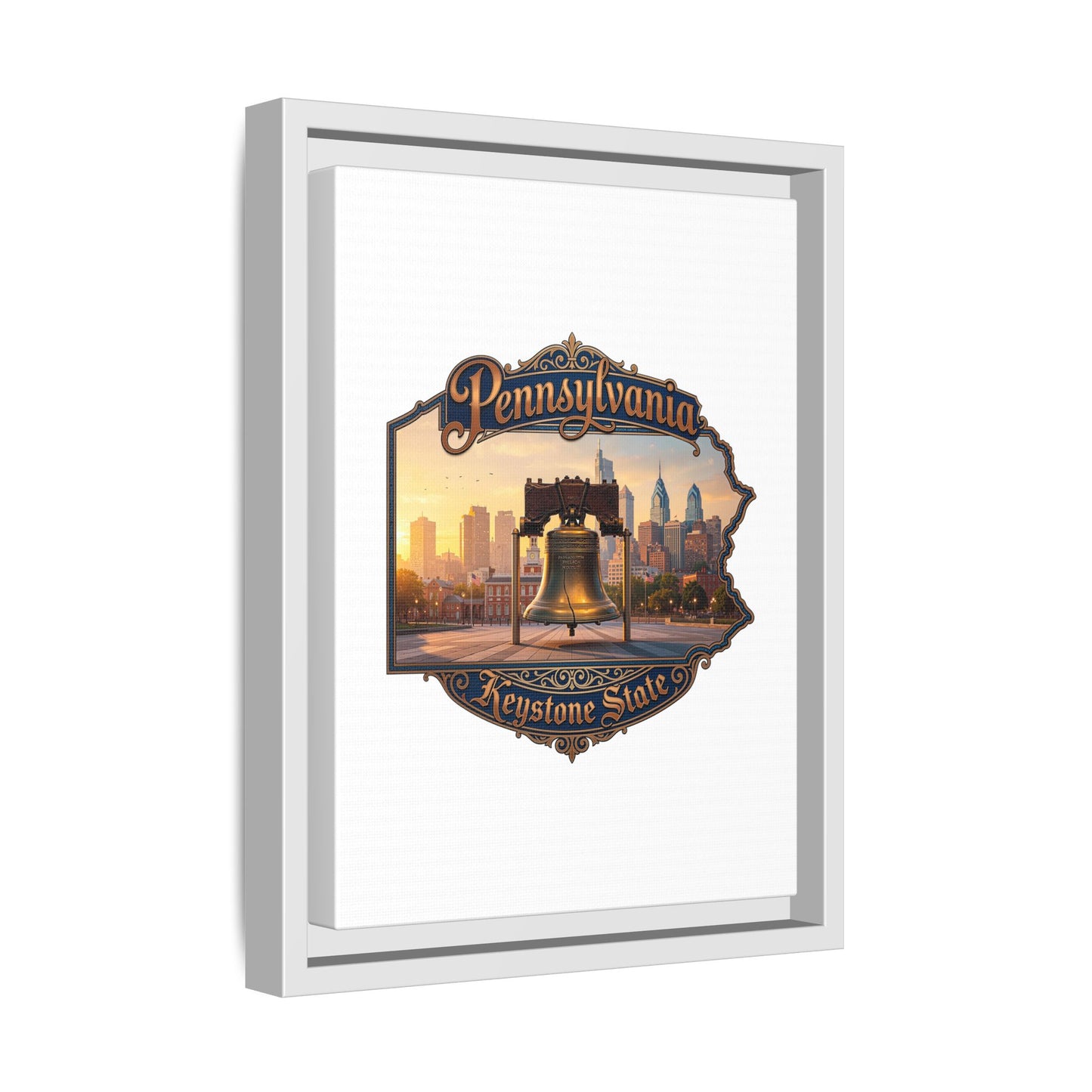 Pennsylvania Keystone State Framed Canvas Wall Art — Liberty Bell & Philadelphia Skyline