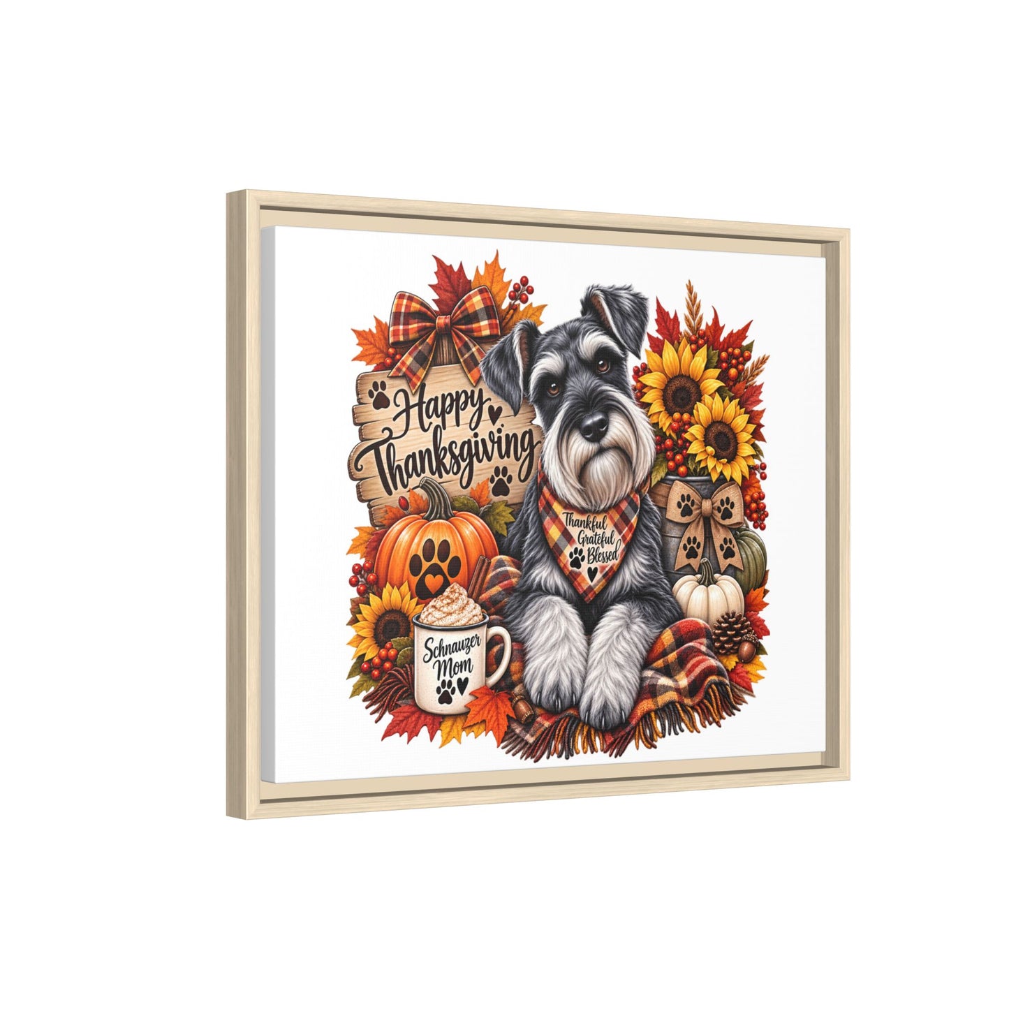 Happy Thanksgiving Schnauzer Framed Canvas — Autumn Dog Wall Art
