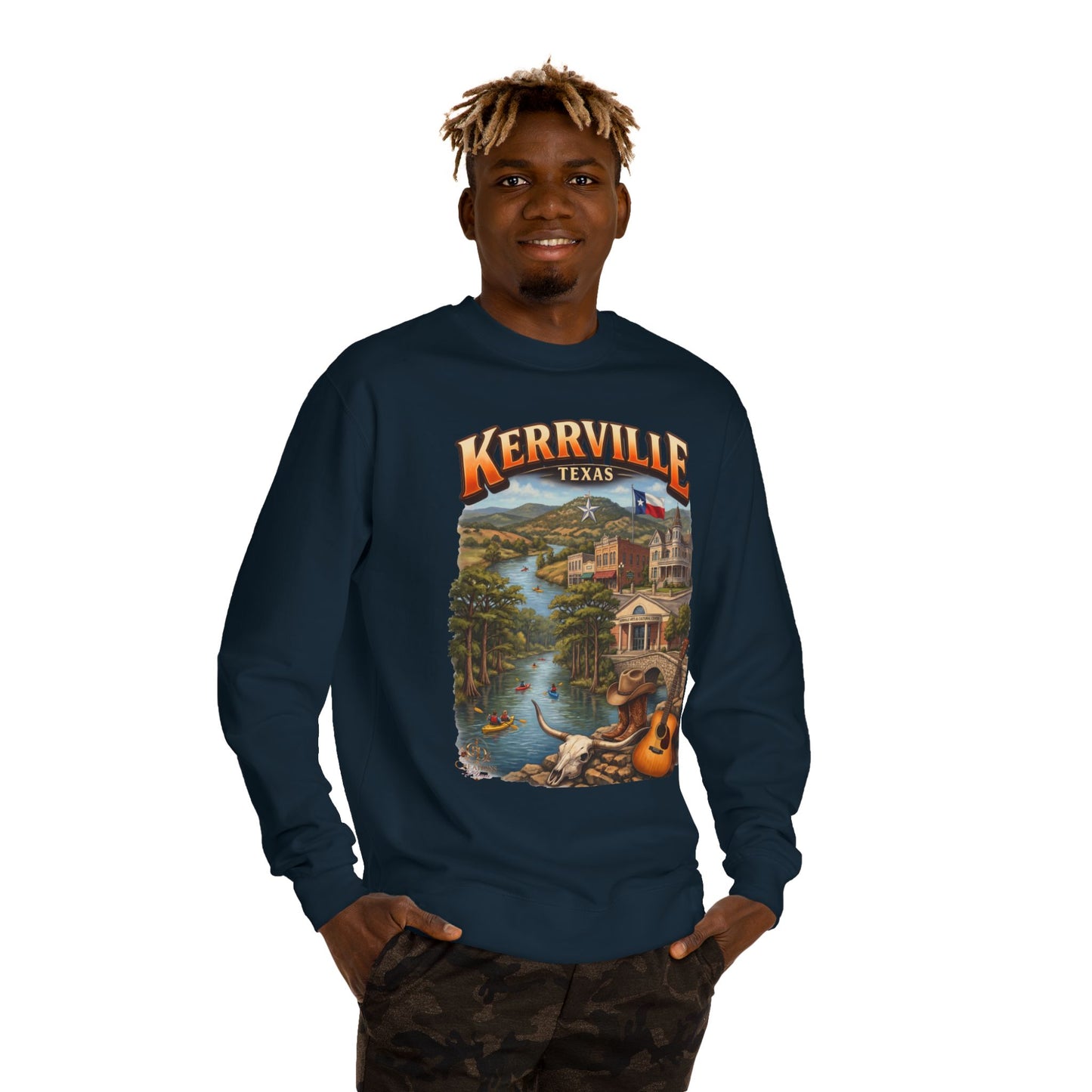 Kerrville Texas Scenic Crewneck Sweatshirt — Riverfront Guitar Vintage Design