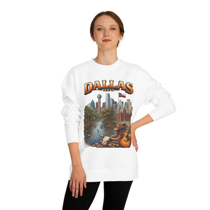 Dallas Skyline Crewneck Sweatshirt — Texas Cityscape & Acoustic Guitar Design