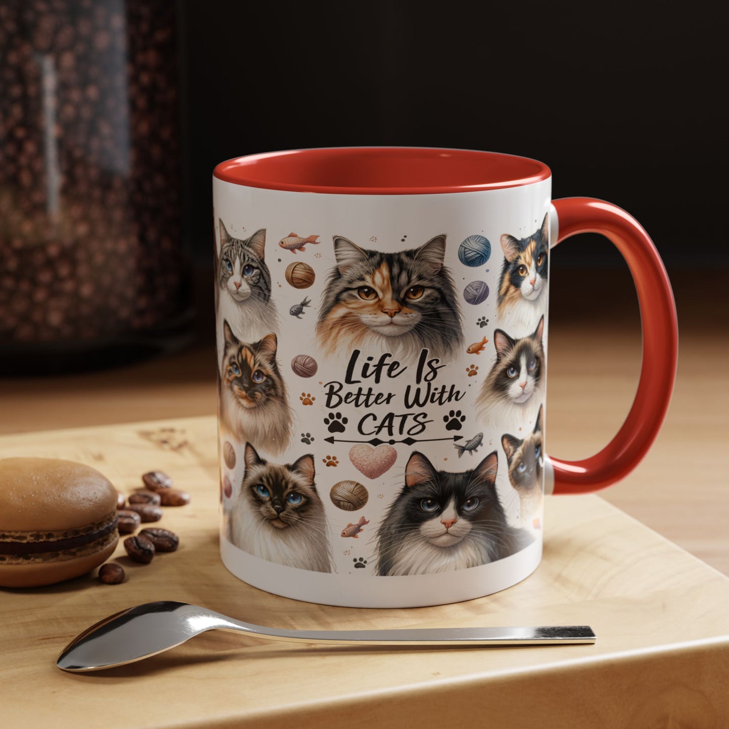 Life Is Better With Cats Accent Coffee Mug — Cat Lover Ceramic Mug (11/15oz)