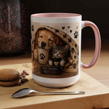 Dog and Cat Coffee Mug – "Best Friends, Best Life" Accent Tea Cup (11/15oz)