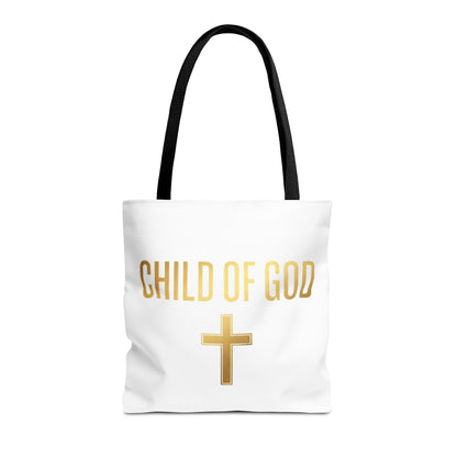 Child of God Tote Bag — Gold Cross Religious Canvas Tote