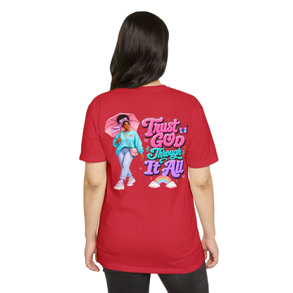 Trust God Through It All T-Shirt — Inspirational Faith Tee with Colorful Girl Illustration