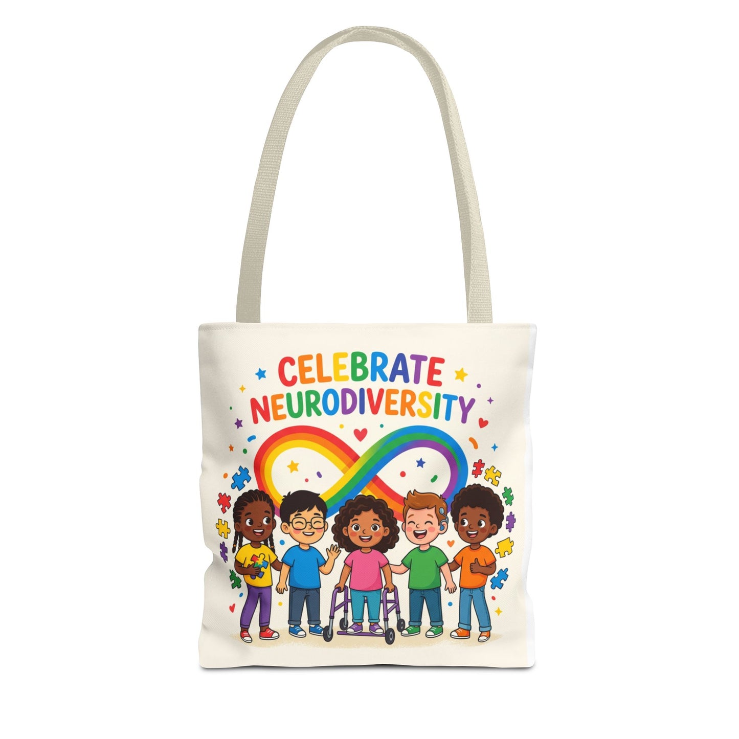 Celebrate Neurodiversity Tote Bag — Rainbow Infinity Symbol with Diverse Kids