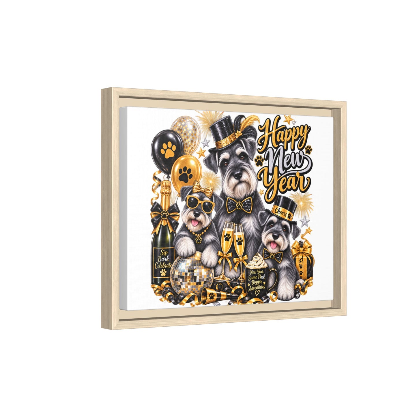 Happy New Year Schnauzer Holiday Canvas Print — Framed Matte Wall Art
