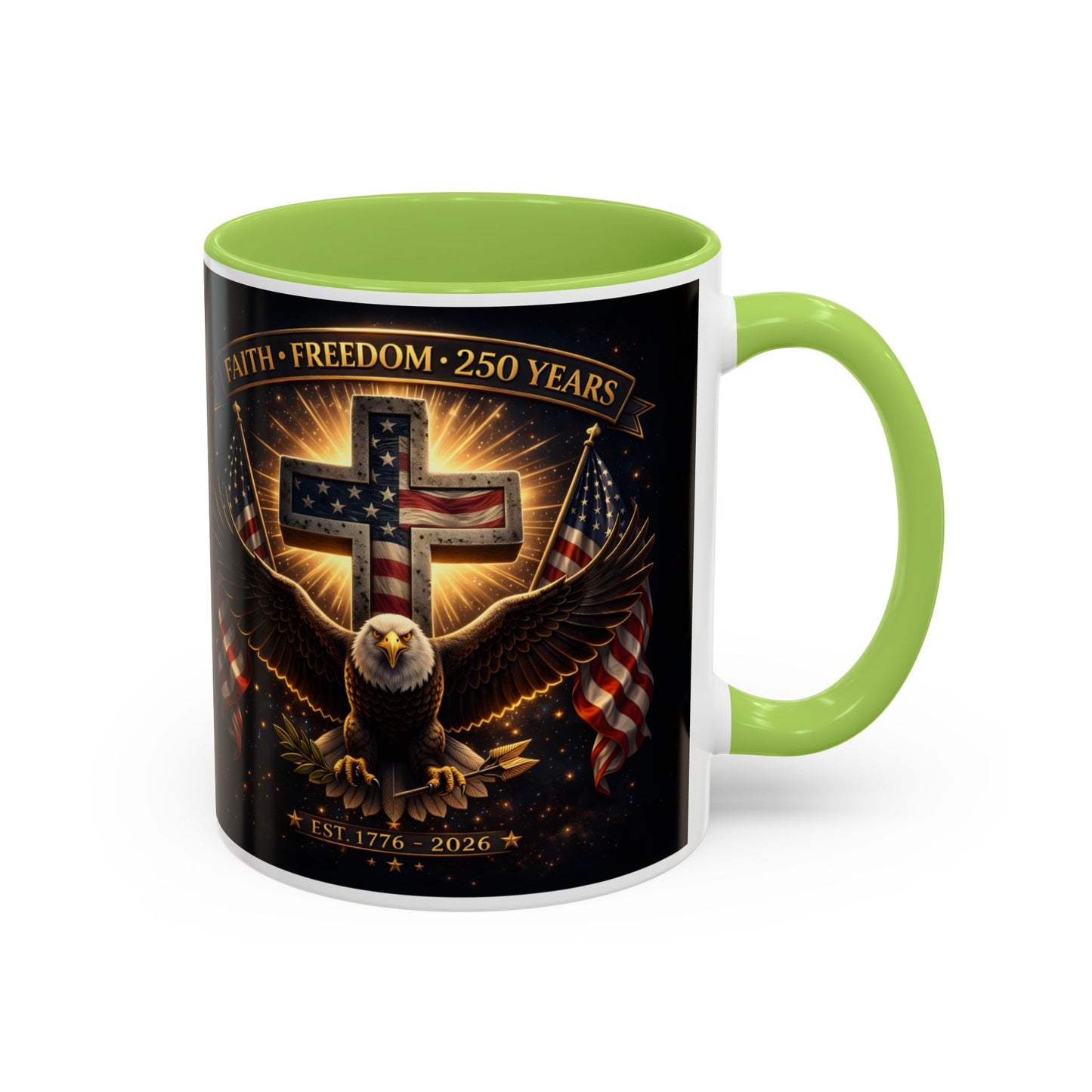 Patriotic Faith & Freedom Accent Coffee Mug — Eagle, Cross & American Flag (1776–2026)