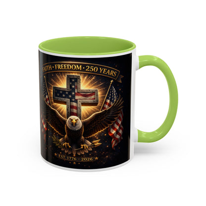 Patriotic Faith & Freedom Accent Coffee Mug — Eagle, Cross & American Flag (1776–2026)