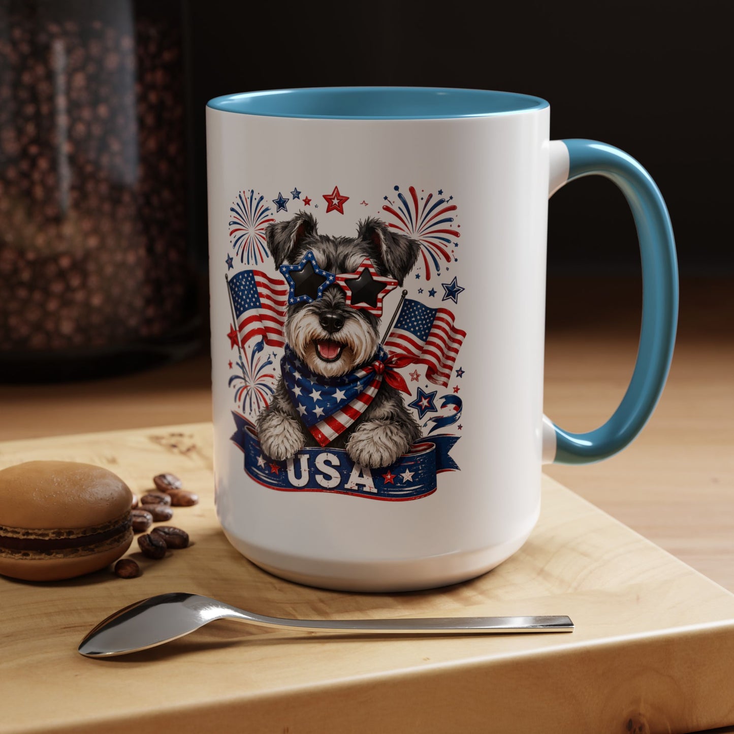 Patriotic Schnauzer Coffee Mug – USA Flag, Fireworks Accent Mug (11/15oz)