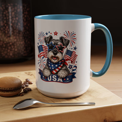 Patriotic Schnauzer Coffee Mug – USA Flag, Fireworks Accent Mug (11/15oz)