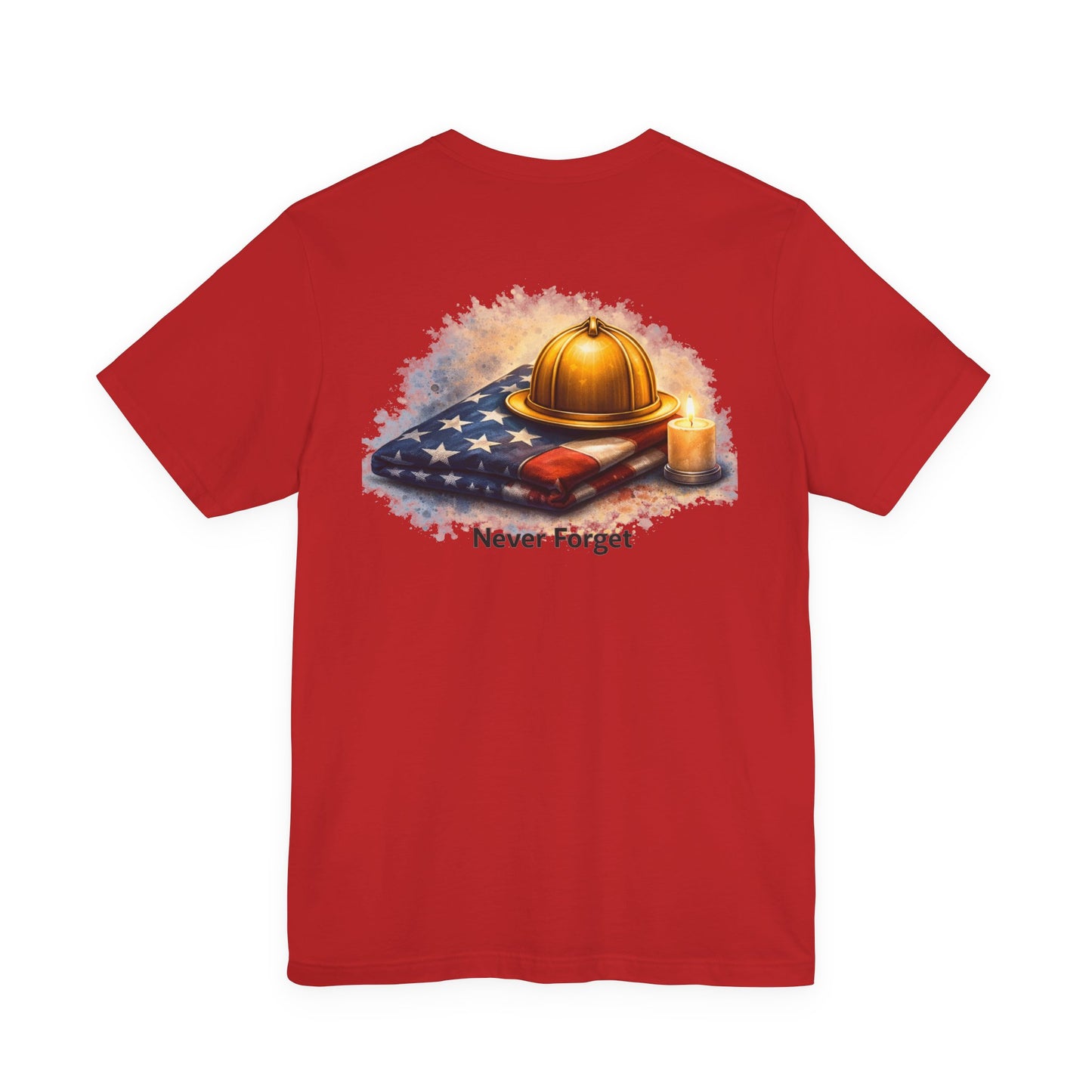 Never Forget Memorial T‑Shirt — Firefighter Helmet & Flag Tribute