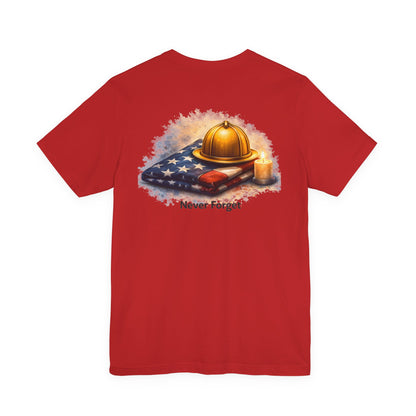 Never Forget Memorial T‑Shirt — Firefighter Helmet & Flag Tribute