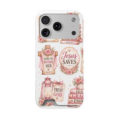Christian Floral Phone Case with Card Holder — 'Jesus Saves' Inspirational Design