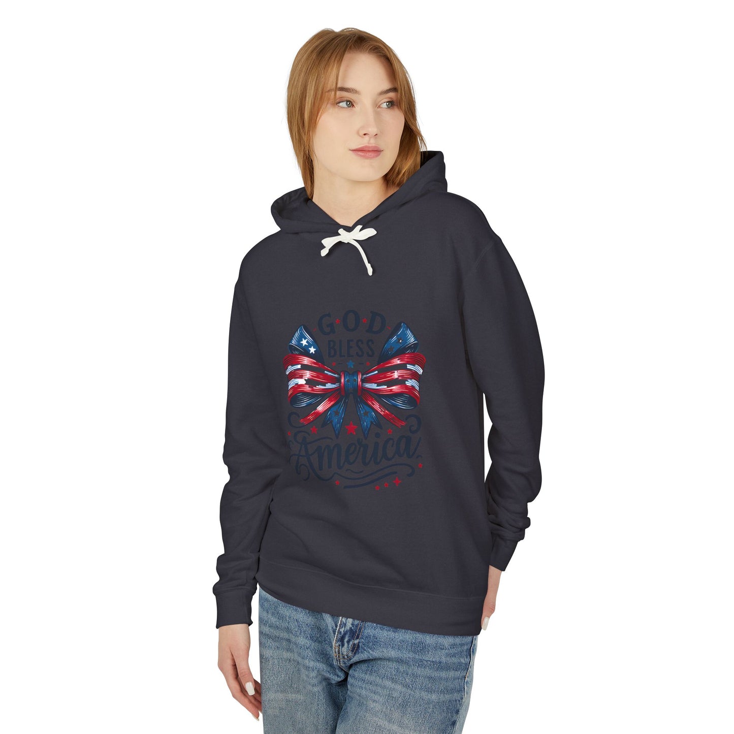 God Bless America Patriotic Hoodie – American Flag Bow Fourth of July Sweatshirt