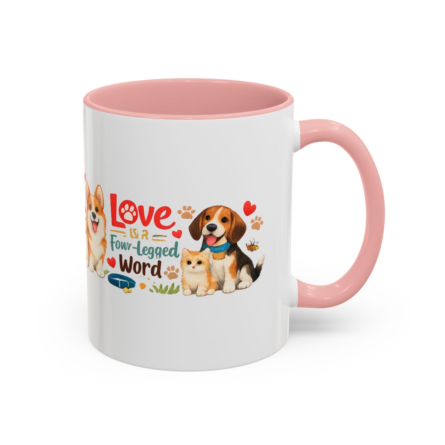 Dog Lover Accent Coffee Mug — “Love is a Four-Legged Word” Ceramic Gift