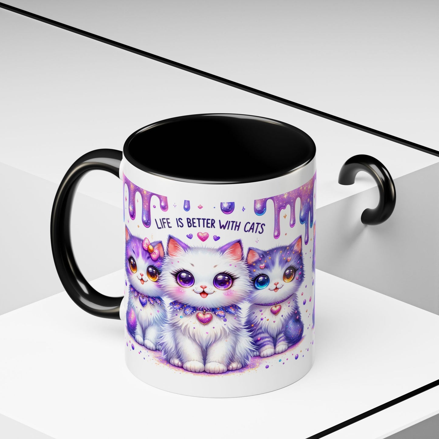 Cute Purple Kawaii Cats Accent Coffee Mug – "Life Is Better With Cats" (11/15 oz)