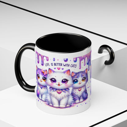 Cute Purple Kawaii Cats Accent Coffee Mug – "Life Is Better With Cats" (11/15 oz)