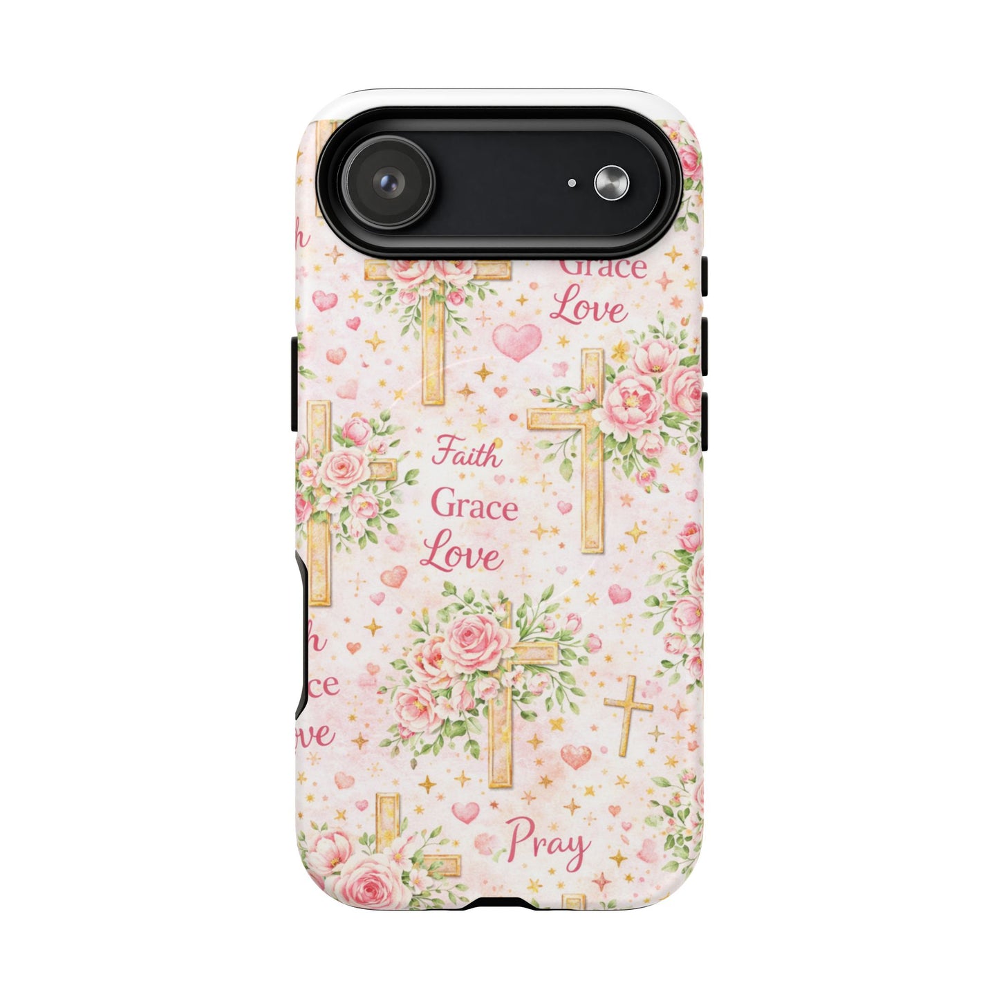 Christian Floral Cross Phone Case — "Faith Grace Love" Tough Magnetic Case