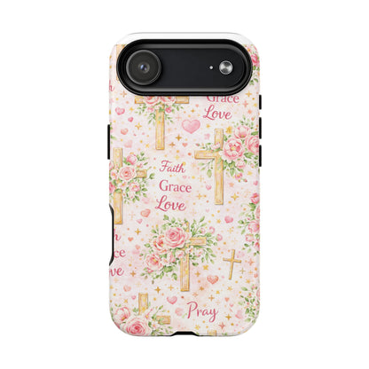 Christian Floral Cross Phone Case — "Faith Grace Love" Tough Magnetic Case