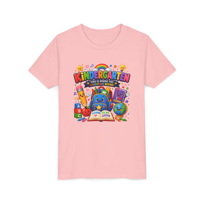 Kindergarten Kids T‑Shirt — 'Kindergarten: This Is Where the Fun Begins' Colorful Back-to-School Tee