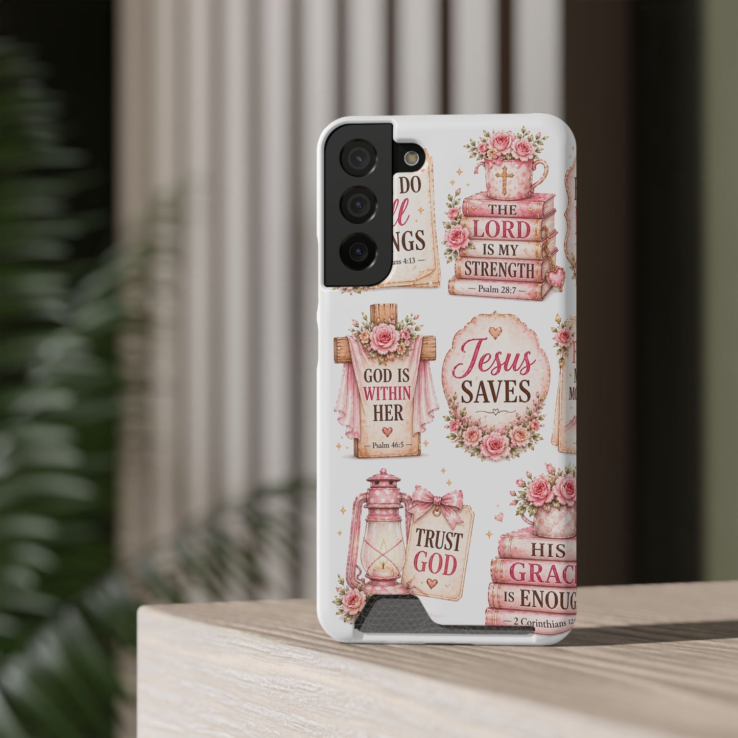 Christian Floral Phone Case with Card Holder — 'Jesus Saves' Inspirational Design