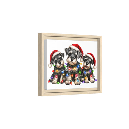 Christmas Schnauzer Canvas Print — Festive Puppies in Santa Hats (Matte Framed)