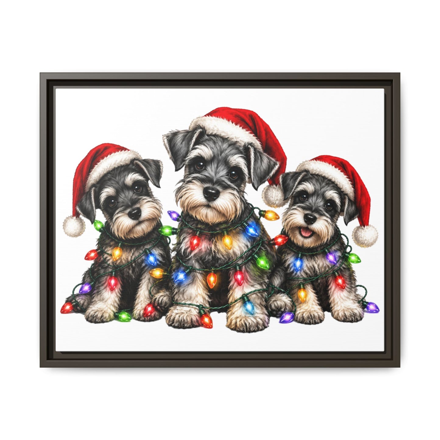 Christmas Schnauzer Canvas Print — Festive Puppies in Santa Hats (Matte Framed)