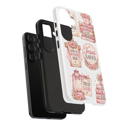 Christian Phone Case — Jesus Saves Floral Tough Case with 'God Is Within Her' & 'Trust God' Design