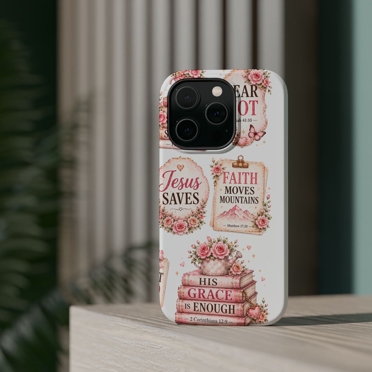 Christian Phone Case - "Fear Not, Faith Moves Mountains, Jesus Saves" Floral Magnetic Impact-Resistant Case