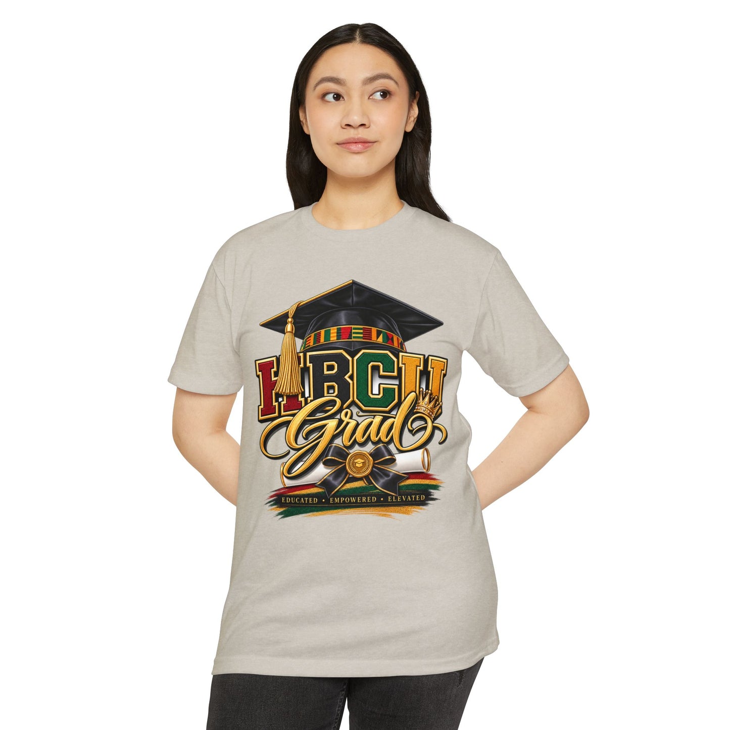 HBCU Grad T-Shirt — Black Graduation Cap & Kente Design