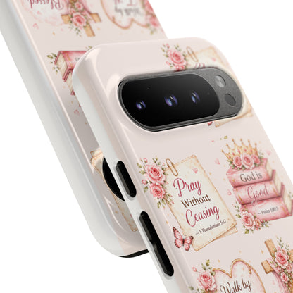 Christian Floral Phone Case — "Pray Without Ceasing" Faith Cross Design