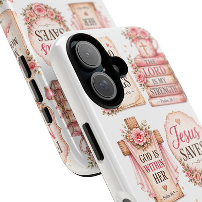 Christian Phone Case — Jesus Saves Floral Tough Case with 'God Is Within Her' & 'Trust God' Design
