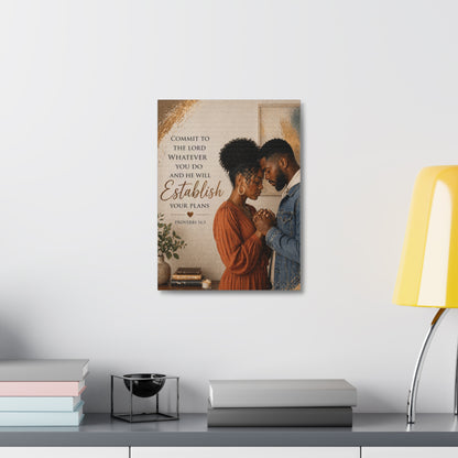Proverbs 16:3 Faithful Couple Stretched Canvas – "Commit to the Lord...He Will Establish Your Plans" Wall Art