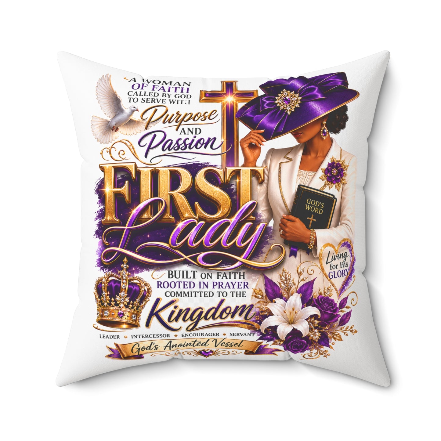 First Lady Faith Pillow — Inspirational Christian Decorative Throw Pillow (Purple Crown, 'Purpose and Passion')