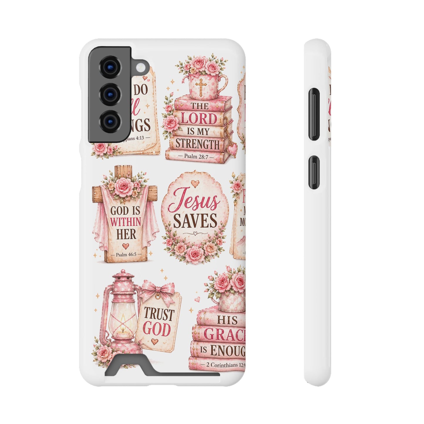 Christian Floral Phone Case with Card Holder — 'Jesus Saves' Inspirational Design