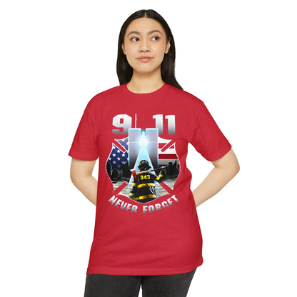 9/11 Never Forget T-Shirt — Firefighter Tribute Tee with Twin Towers & American Flag